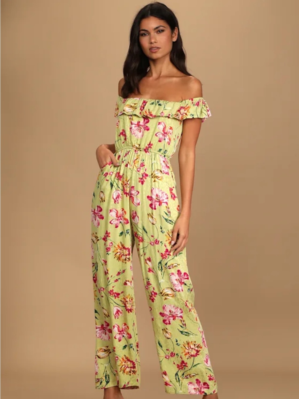 Lulu's Lime Floral Off-Shoulder Wide-Leg Jumpsuit